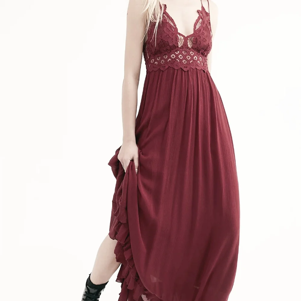FP Free People One Adella Mocha Brown Maxi Slip Tiered Hem Dress L M - Picture 2 of 12